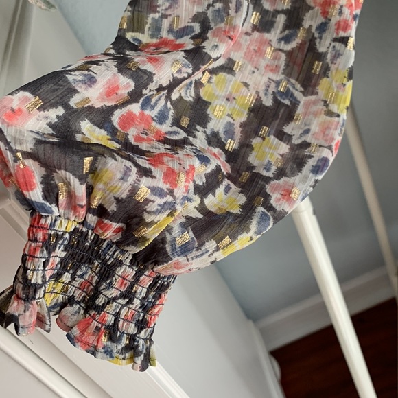 Loft Gray yellow grey pink white gold blue floral long sleeve dress size large - Picture 6 of 7